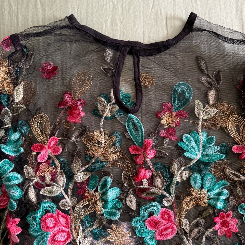 Shein Embroidered Floral Leaf Sheer Black Mesh Crop Top Boho Festival - Picture 10 of 11